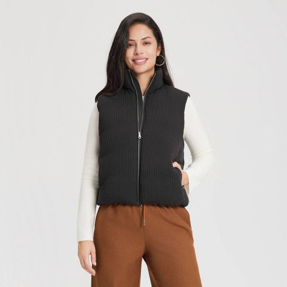Women's Blend Padded Cable Knit Vest - A New Day Black S